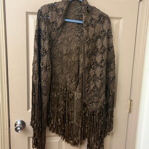 Elegant Brown Fringe Women's Ribbon Crochet Shawel